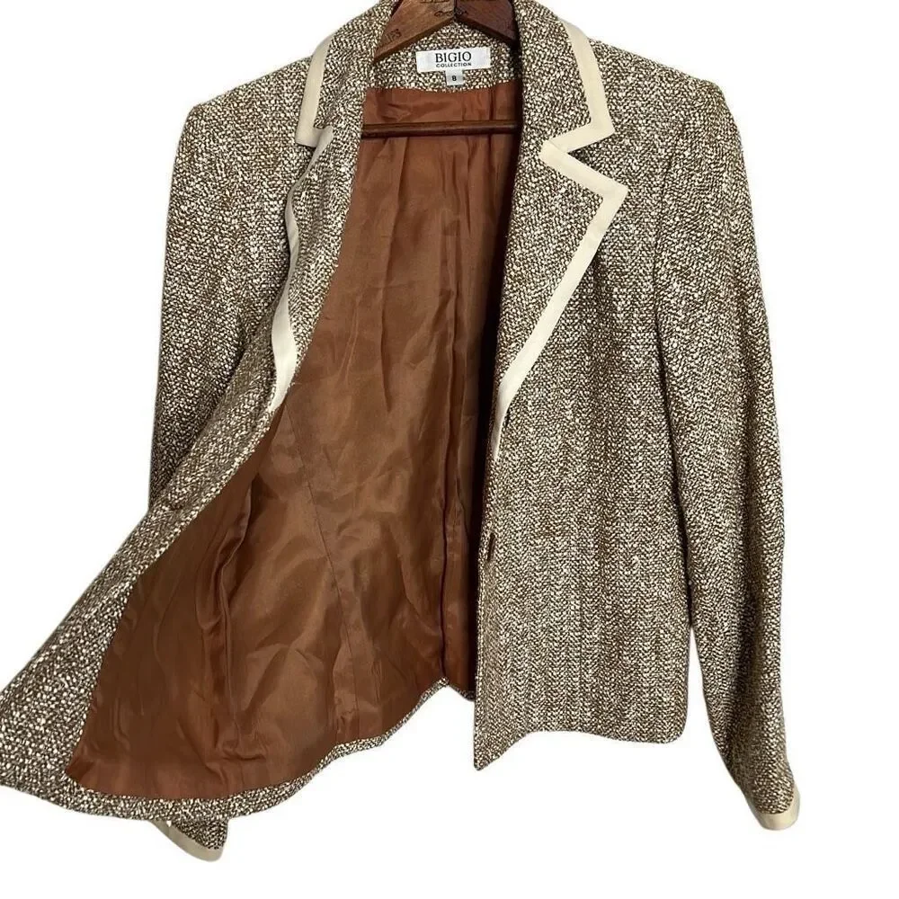 Bigio Collection Tweed Two Button Notch Lapel Fully Lined Blazer Tan‎ Size 8